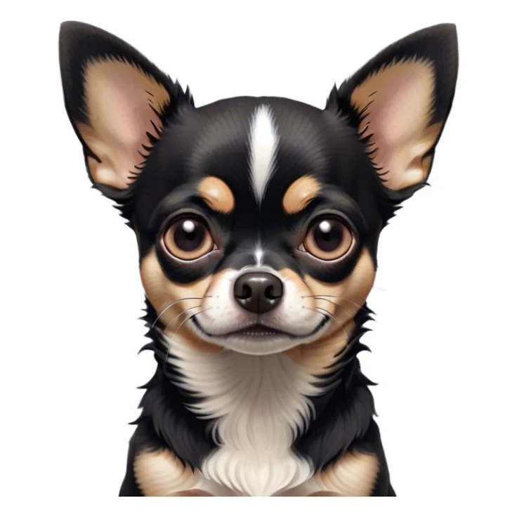 Cinematic Grumpy Black Tri Short Haired Chihuahua Portrait Emoji, Head tilted slightly with a deeply unimpressed expression, thick black tri-color fur with prominent white and tan patches, large, droopy dark eyes narrowed into an unamused glare, ears slightly drooping in exasperation, Simplified yet comically expressive features, highly detailed, glowing with a dry, sarcastic glow, high shine, effortlessly judgmental yet dignified, stylized with a touch of cynicism, bright but brooding, soft glowing outline, capturing the essence of an eternally unimpressed yet endearing pup, so lifelike it feels like it could sigh heavily at you in disdain at any moment! sticker