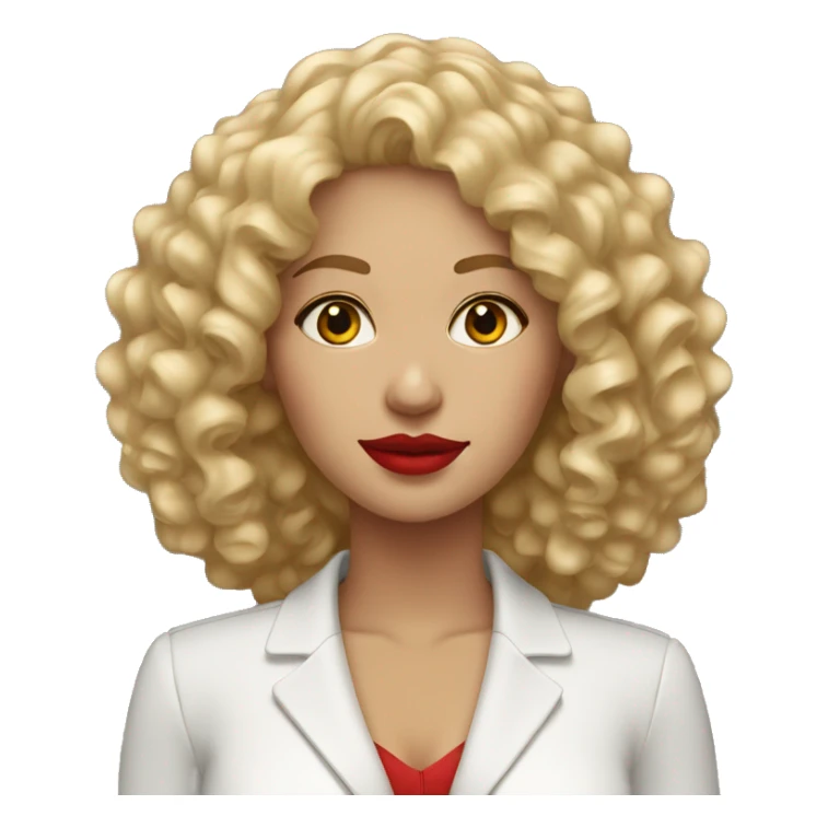 Professional woman with curly blond hair and red lipstick sticker