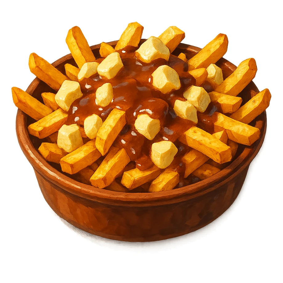 В слега рисованном, но при этом ярком и объемном стиле сгенерируй картинку сочного американского канадского блюда путин, профессионально выставленный свет, который подчеркивает объем, прозрачный фон sticker