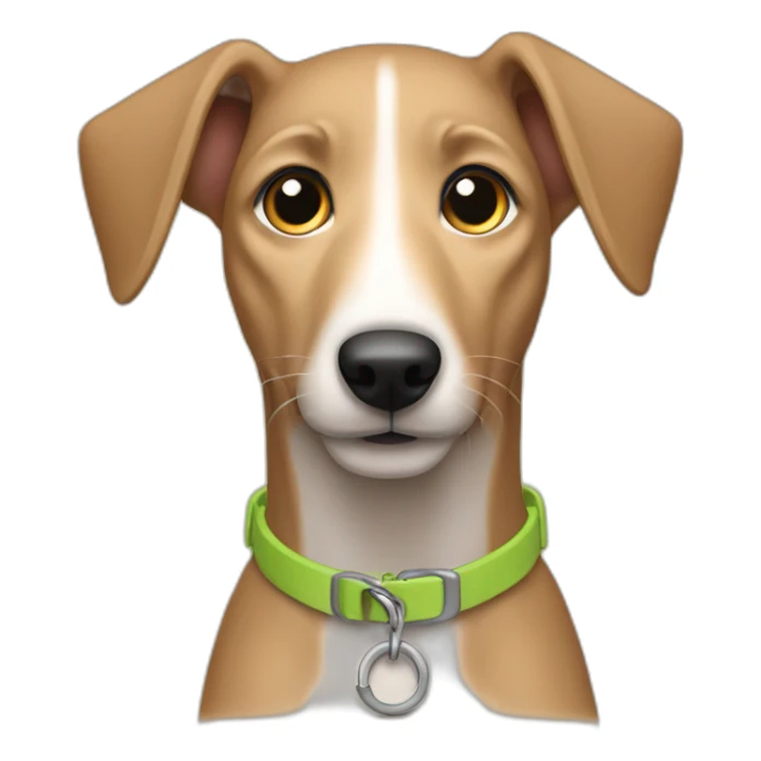 tan lurcher puppy dog with collar sticker