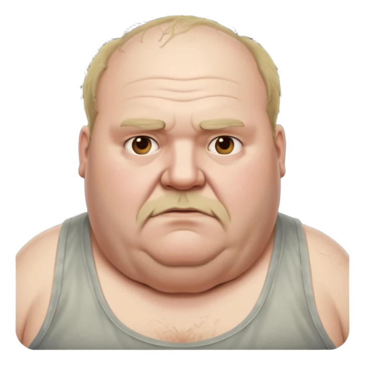 extremely morbidly obese middle aged white man in wifebeater with  dirty appearance. His hair is balding and grey and greasy sticker