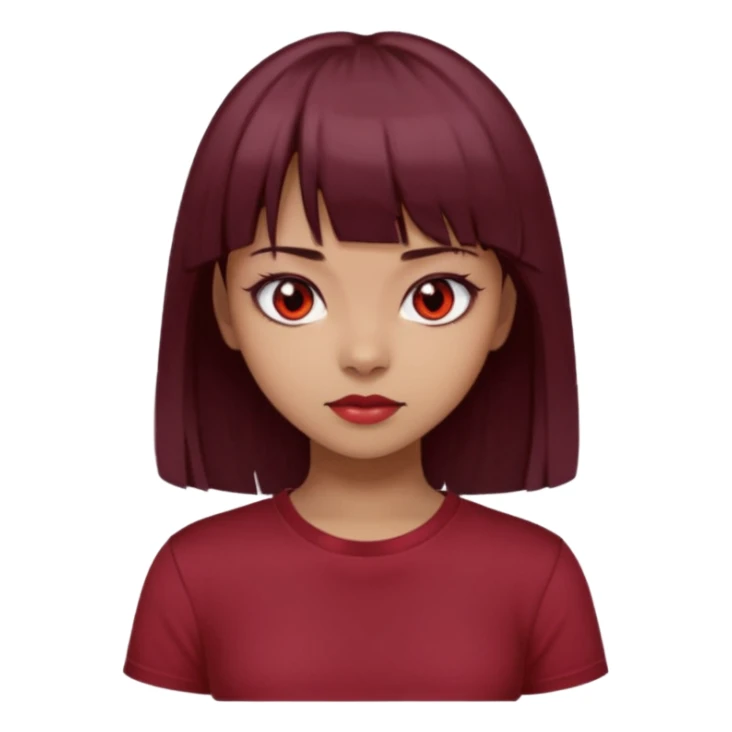 beautiful girl with dark maroon medium hair, straight bangs and red bando, red eyes and brown tshirt  sticker