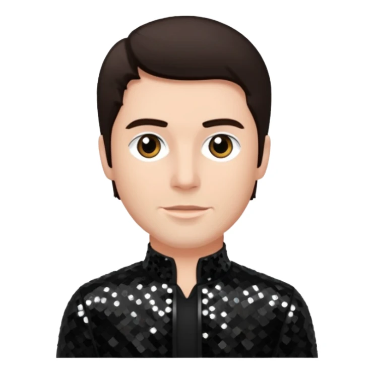 Howard Howett with dark brown hair, black sequin outfit sticker