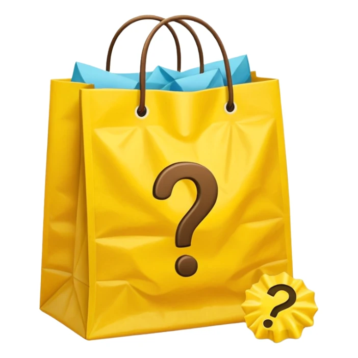 yellow goodiebag with questions mark boxes stuffed in it sticker