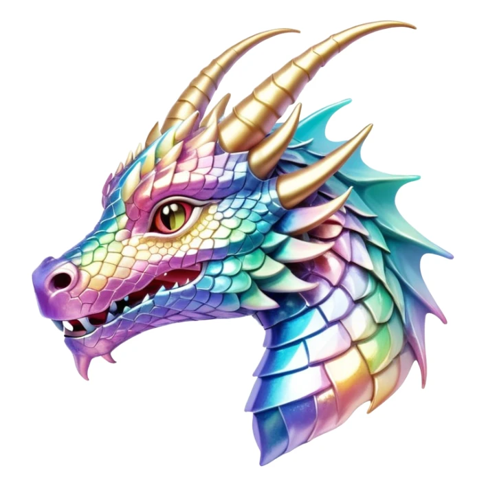 Sparkly glossy Pastel iridescent glass dragon head profile, 2 horns sticker