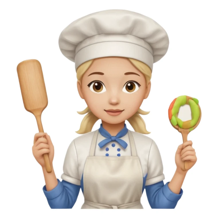 Young female pastry chef - single ponytail, apron, wearing a white hat, holding a rolling pin sticker