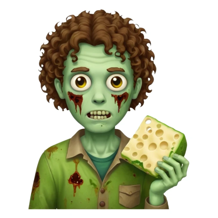 curly hair man zombie holding moldy cheese piece sticker