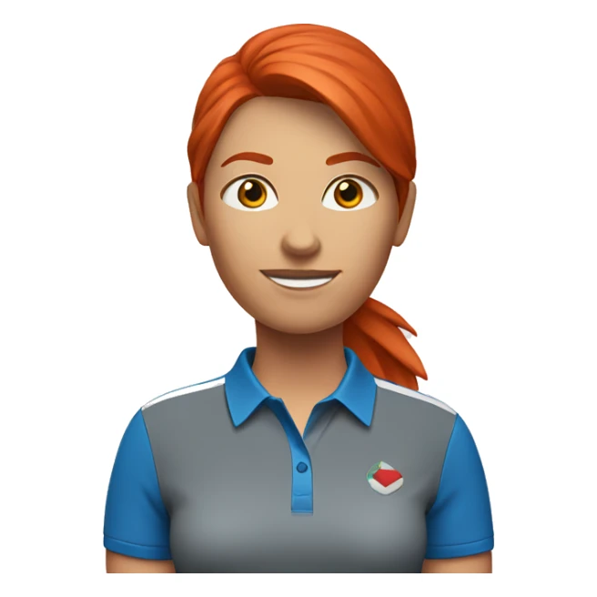 a female golf coach with red hair, blue shirt sticker