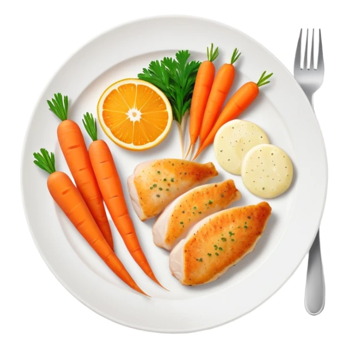 A plate with chicken, fish fillet, and bright orange carrots, with vitamin A nutrition labels sticker