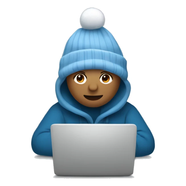 A minimalistic cartoon emoji: person behind gray laptop, festive New Year theme, gray-blue tones, snowflakes sticker