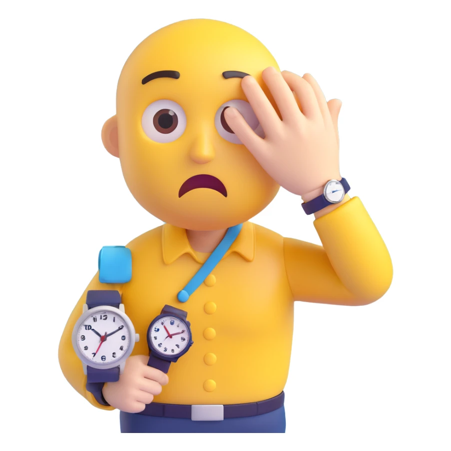 A yellow emoji face with a worried expression, looking at a wristwatch with raised eyebrows, showing urgency and stress sticker