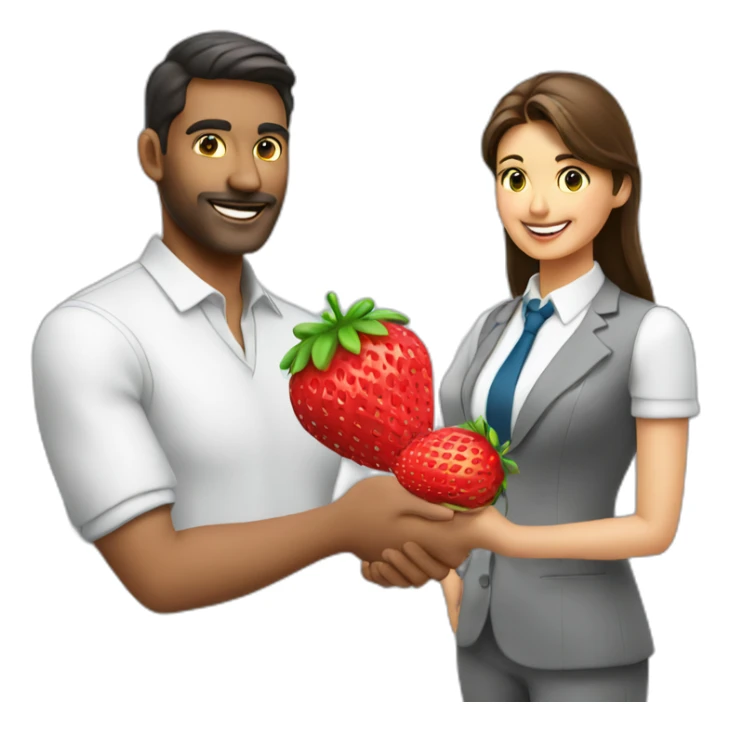 job applicant with recruiter holding a strawberry sticker