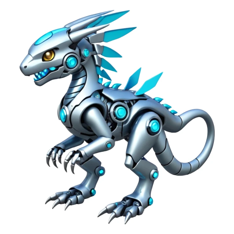 Futuristic mechanical cyborg modern badass cool shiny metallic alloy  white with glowing cyan-blue animal Digimon Fakémon hybrid full body with intricate patterns sticker