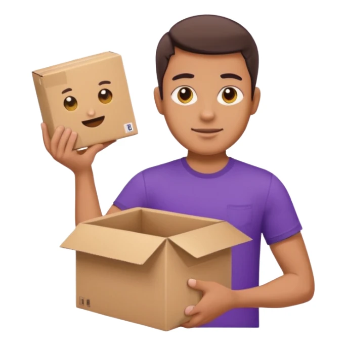 a man in a purple T-shirt hands out a box sticker