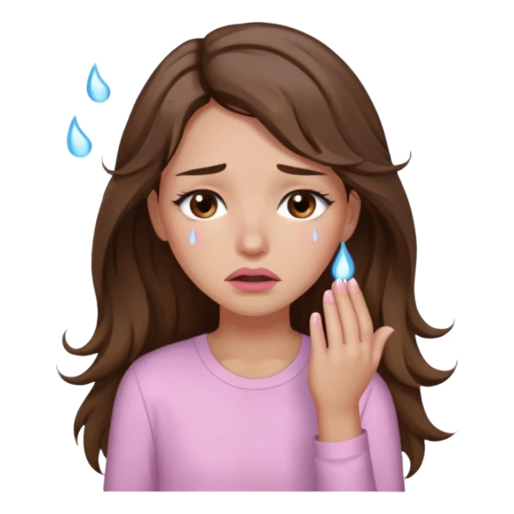 girl with wavy long brown hair, brown eyes, light to medium complexion, long lashes, light pink lipstick, wearing light pink shirt, weeping lots of big tears sticker