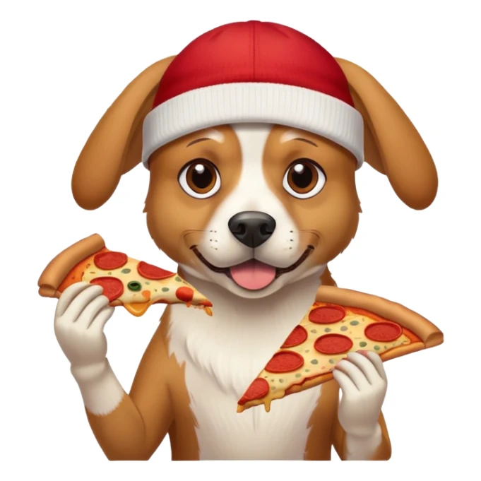 dog eating pizza with a nike beanie sticker