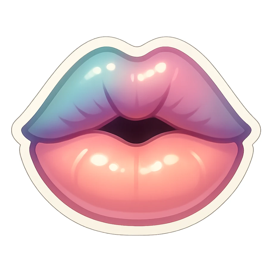 Lips with a half-open mouth kissing the screen, facing straight forward, clear color transitions from light to dark, expressive shadows and highlights, retro stickers style, thin clean contours, soft rounded shapes, pastel palette #98B5BC, #B5B3C1, #C9A3C9, #E4C0CA, #F7DCD1, #F7C0AA, transparent background, no decorative elements. sticker