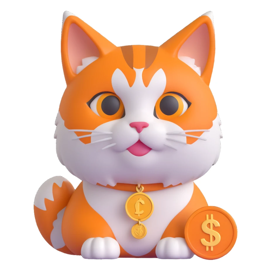 playful and bold cat inspired by the Bitcoin logo, orange and white colors, with a coin motif sticker