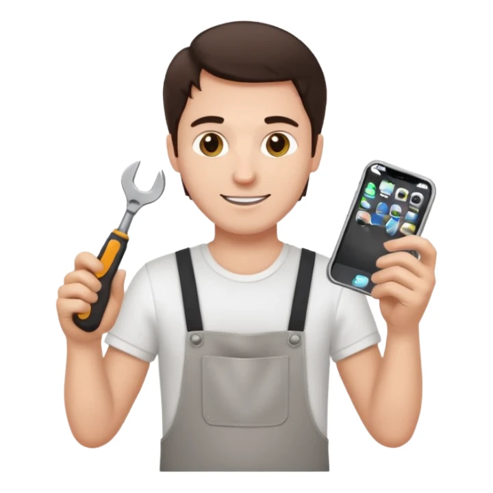 make a white guy with dark brown hair, with a simple white o grey shirt, repairing an iphone happy, tecnician with small tools sticker