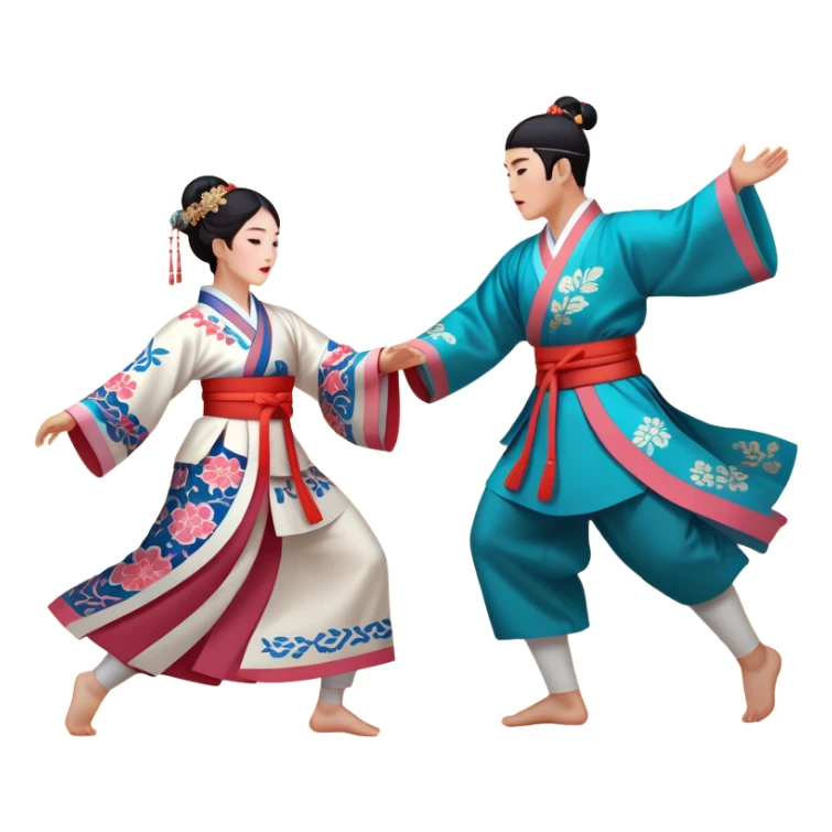 Cinematic Realistic scene of two performers engaging in Ganggangsullae, dressed in traditional Korean costumes with intricate patterns and graceful movements, illuminated by soft, festive lighting that accentuates the cultural ambiance sticker
