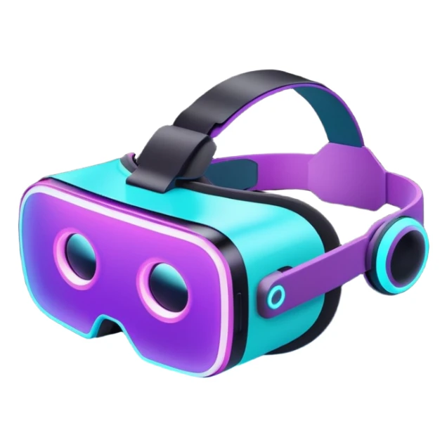 Futuristic glowing neon VR headset, purple and cyan light, dark background, digital tech style sticker