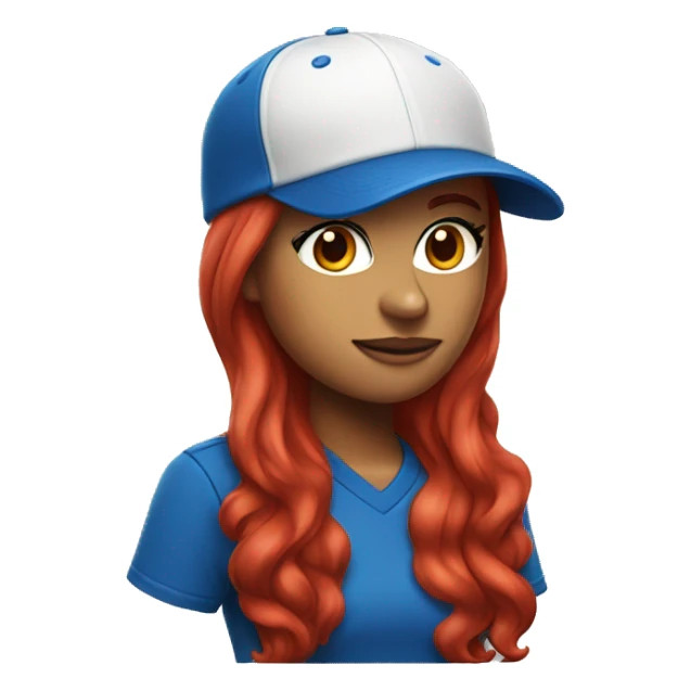 front facing standing up female coach with long red hair, wearing a white t-shirt and a simple baseball blue hat sticker
