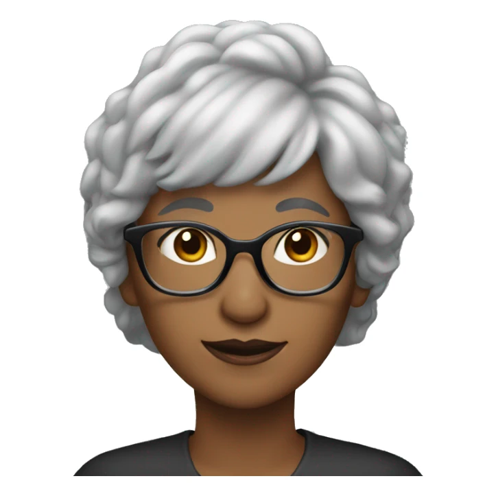 woman with grey hair and bangs, older black glasses sticker