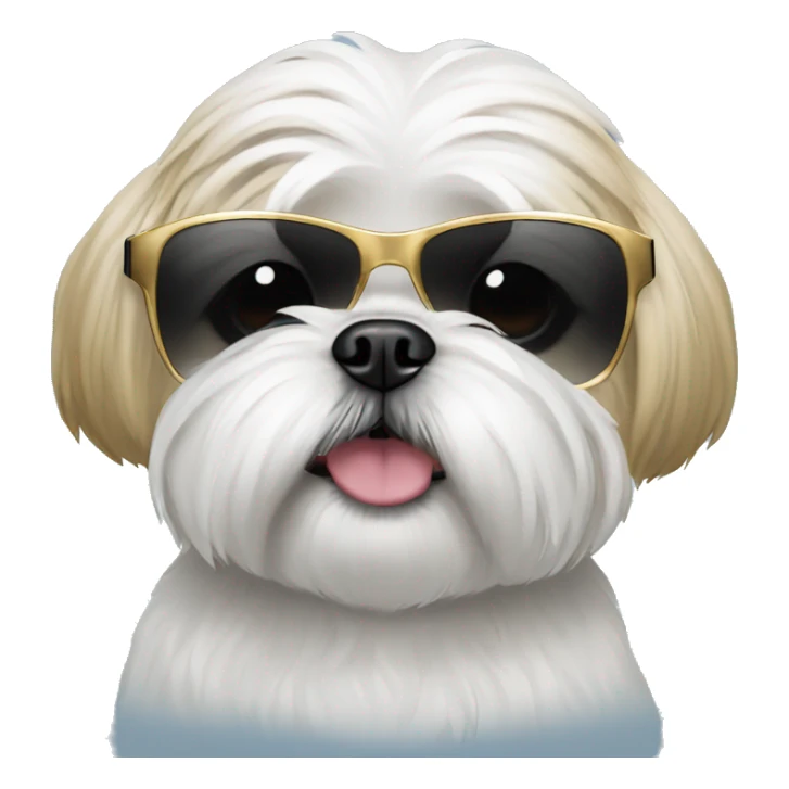 White shihtzu wearing sunglasses with gold rim sticker