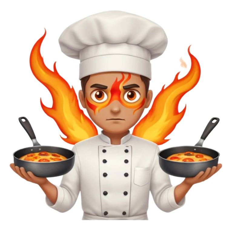 chef with intense flame eyes, crossing pans across chest in X formation sticker