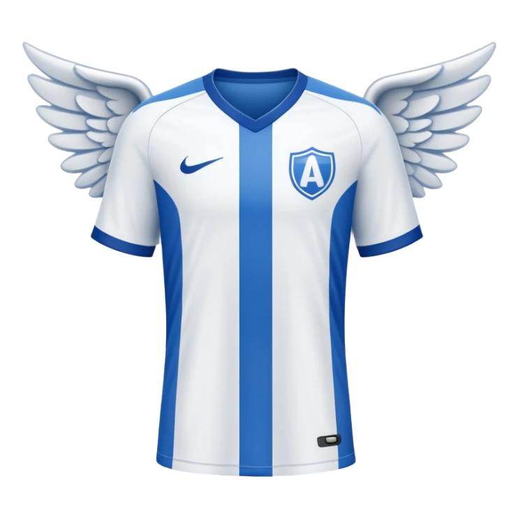 Blue and white soccer jersey with an angel symbol on the front sticker