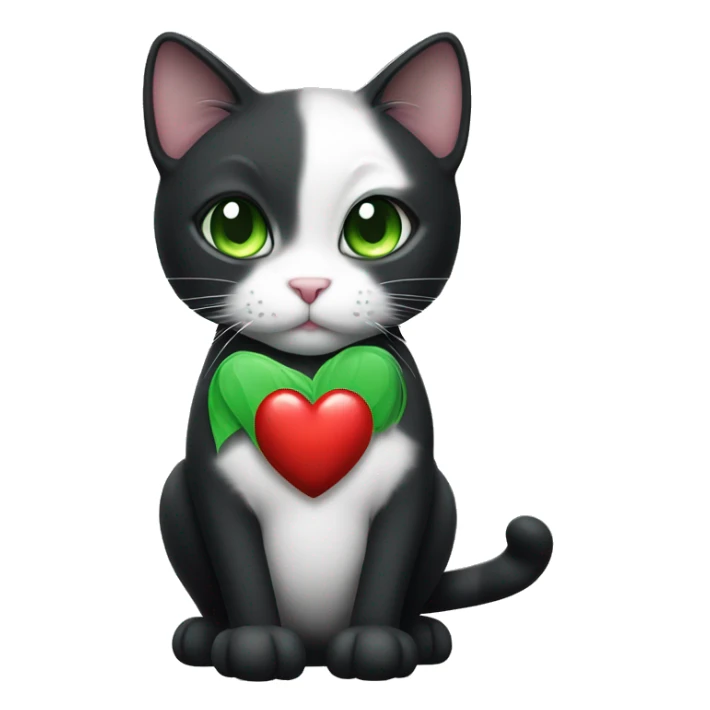 Realistic Black and white cat with green eyes holding a heart sticker