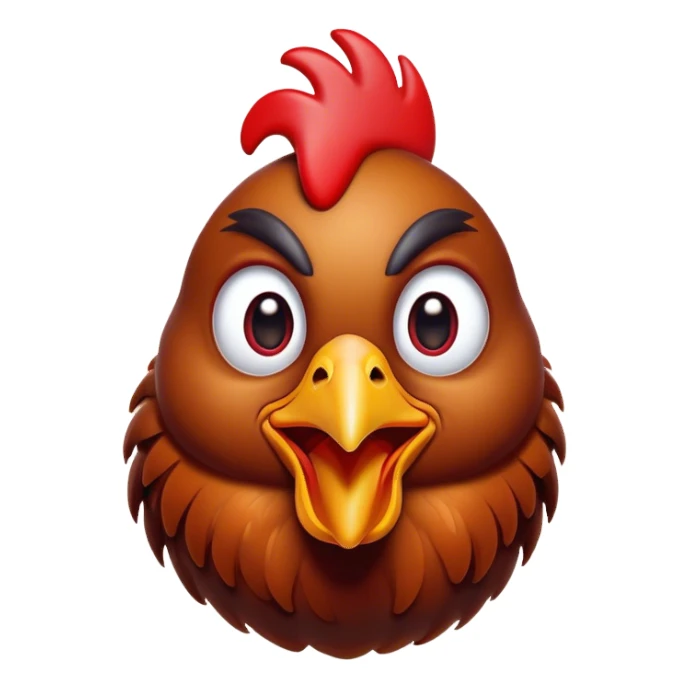 Cinematic Comical Brown Chicken Portrait Emoji, Head tilted dramatically with an exaggeratedly amused expression, featuring a striking, glossy brown plumage with a vibrant red comb, wide, expressive beady eyes filled with playful disbelief, Simplified yet hilariously expressive features, highly detailed, glowing with a slightly sassy glow, high shine, dramatic yet playful, stylized with an air of cheeky mischief, bright and endearing, soft glowing outline, capturing the essence of a spirited and over-the-top chicken, so meme-worthy it feels like it could cluck its way into internet fame instantly! sticker
