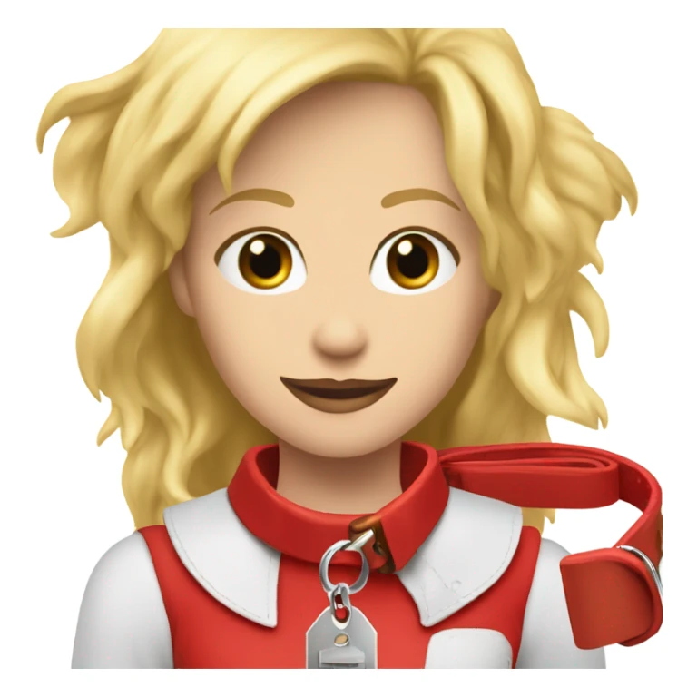 Put a Red leather dog collar and golden tag on a blond white human female with medium length hair and add a red leash connected to the collar sticker