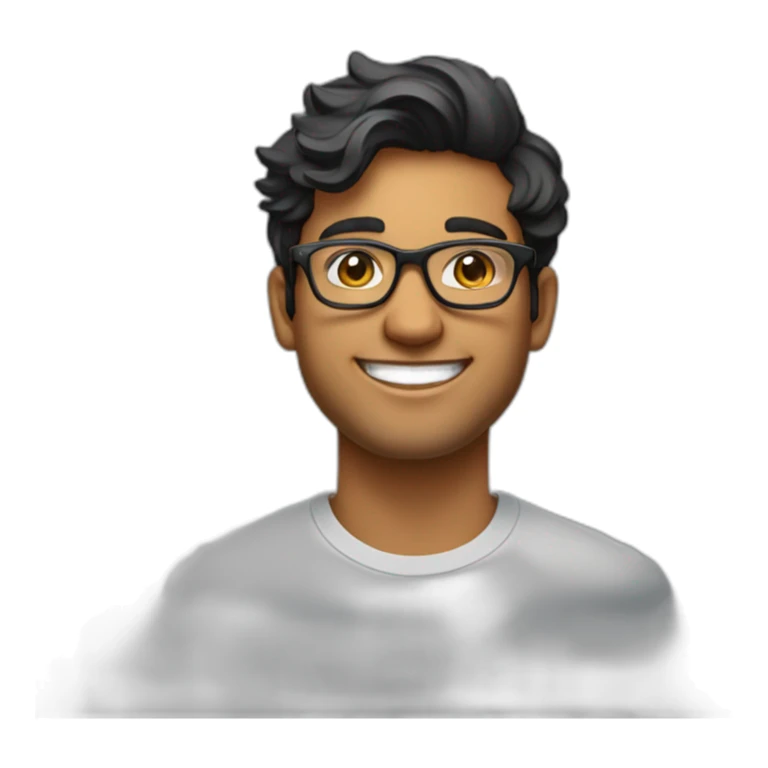 25 year old indian silicon valley creator economy startup founder smiling wearing glasses in a black tshirt with broad shoulders profile photo wearing keyhole bridge glasses wavy hair sticker
