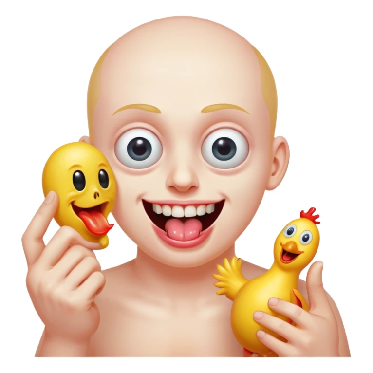 bulging eyes, unhinged grin with too many teeth, one eyeball twitching, tongue sticking out sideways, sweating, glitching slightly, throwing up a peace sign with one hand, other hand holding a cursed-looking rubber chicken sticker