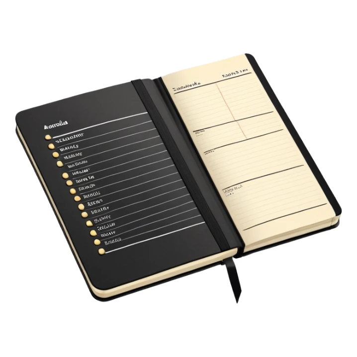 A detailed black Moleskine notebook open flat showing an agenda page with bullet points and a meeting schedule sticker
