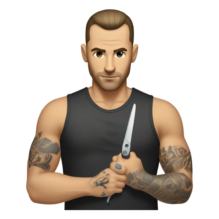 Caucasian barber with scissor, face, tattoo, and razor, sharp hairline with a ball fade sticker