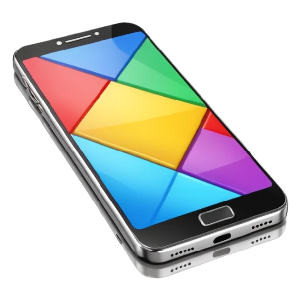 modern smartphone in 3D chrome metallic style, highly reflective and shiny, colorful screen, realistic details sticker