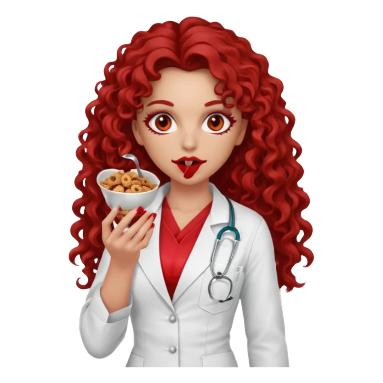 Sensual Spanish Lilith core evil surgeon.red outfit.  Surgeon has red eyes. Her hair is brown long and  curly. wearing a sexy surgeon outfit with platform heels.she is a calculated smart cereal killer. She covers only her mouth and nose to hide identity  sticker