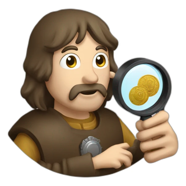 medieval coin collector, looking at a coin with a magnifying lense sticker