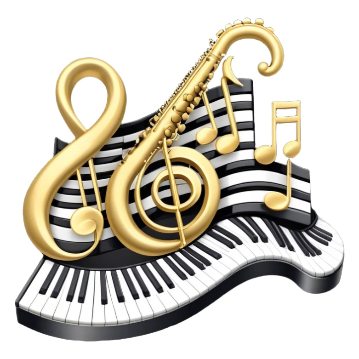 Create an elegant and festive emoji collage representing keyboard instruments, styled like a heraldic emblem. The design should feature a central focal point of black and white piano keys, arranged in a semi-circular or shield-like shape. Around the piano keys, add intertwining musical notes that form flowing ribbons, creating a dynamic and celebratory atmosphere. The design should be professional, with polished silver and gold accents on the keys and notes, highlighting the luxury and sophistication of the instruments. Add subtle shading and lighting effects to give the design a refined, 3D appearance. The background should remain transparent, and the overall feel should evoke grandeur, artistry, and a sense of celebration. sticker