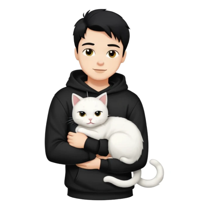 A bad boy with black hair wearing a sweatshirt happily hugs a white cat sticker