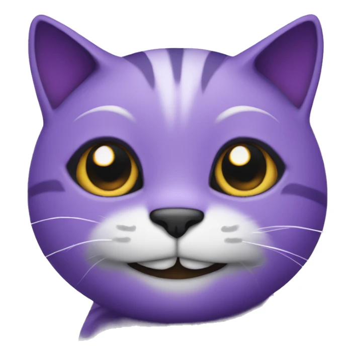 Purple cat with a big smile and with a black iris and  and with a white pupil sticker