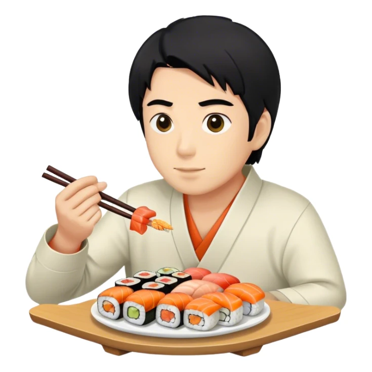 Man with black hair eating sushi sticker