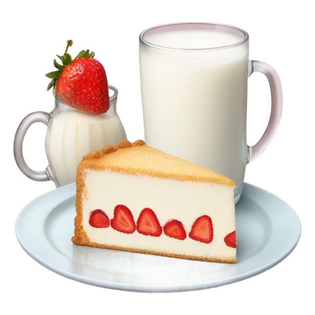 Milk at glass and vanilla strawberry cake at plate sticker