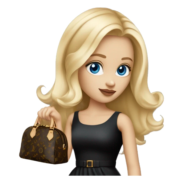 Blonde girl bright blue eyes holding Louis Vuitton monogram purse in short black dress sticker