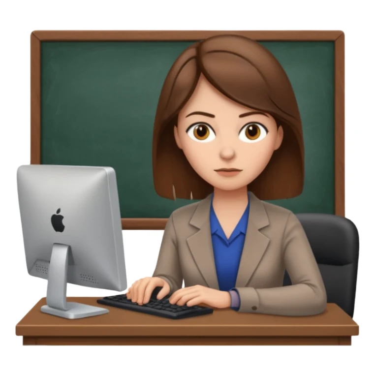 Uma mulher de cabelo castanho que é professora e um pouco brava a trabalhar no computador sem usar óculos sticker