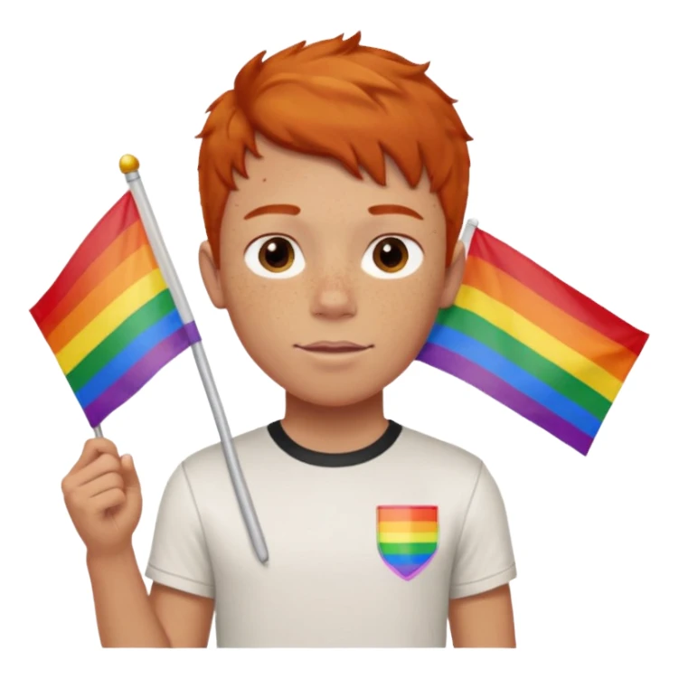 A gay, ginger, young, freckled, boy with a shirt with the name JUDE on it in red marker, holding a pride flag sticker