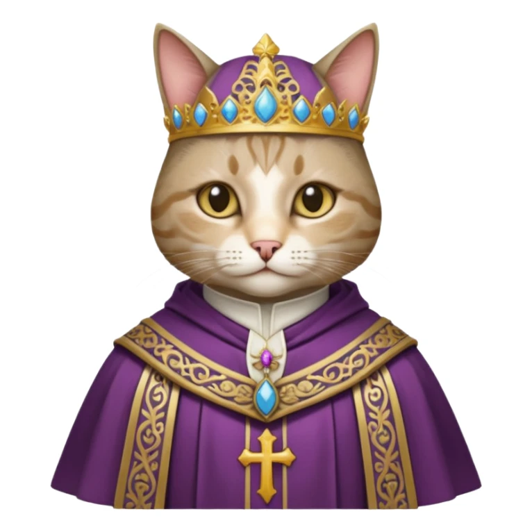 “Half-body humanoid figure with a realistic cat face, wearing ornate bishop robes and a mitre, dark gothic background, dramatic lighting, highly detailed.” sticker