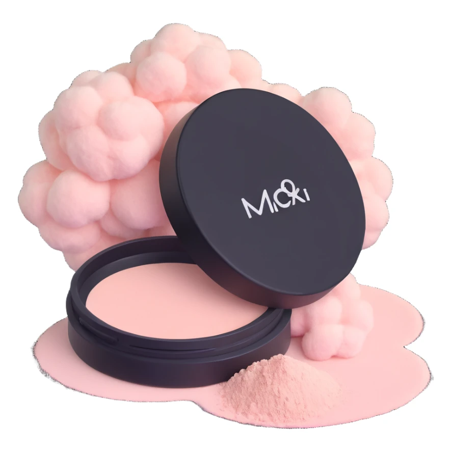 fluffy powder puff with loose makeup powder sticker